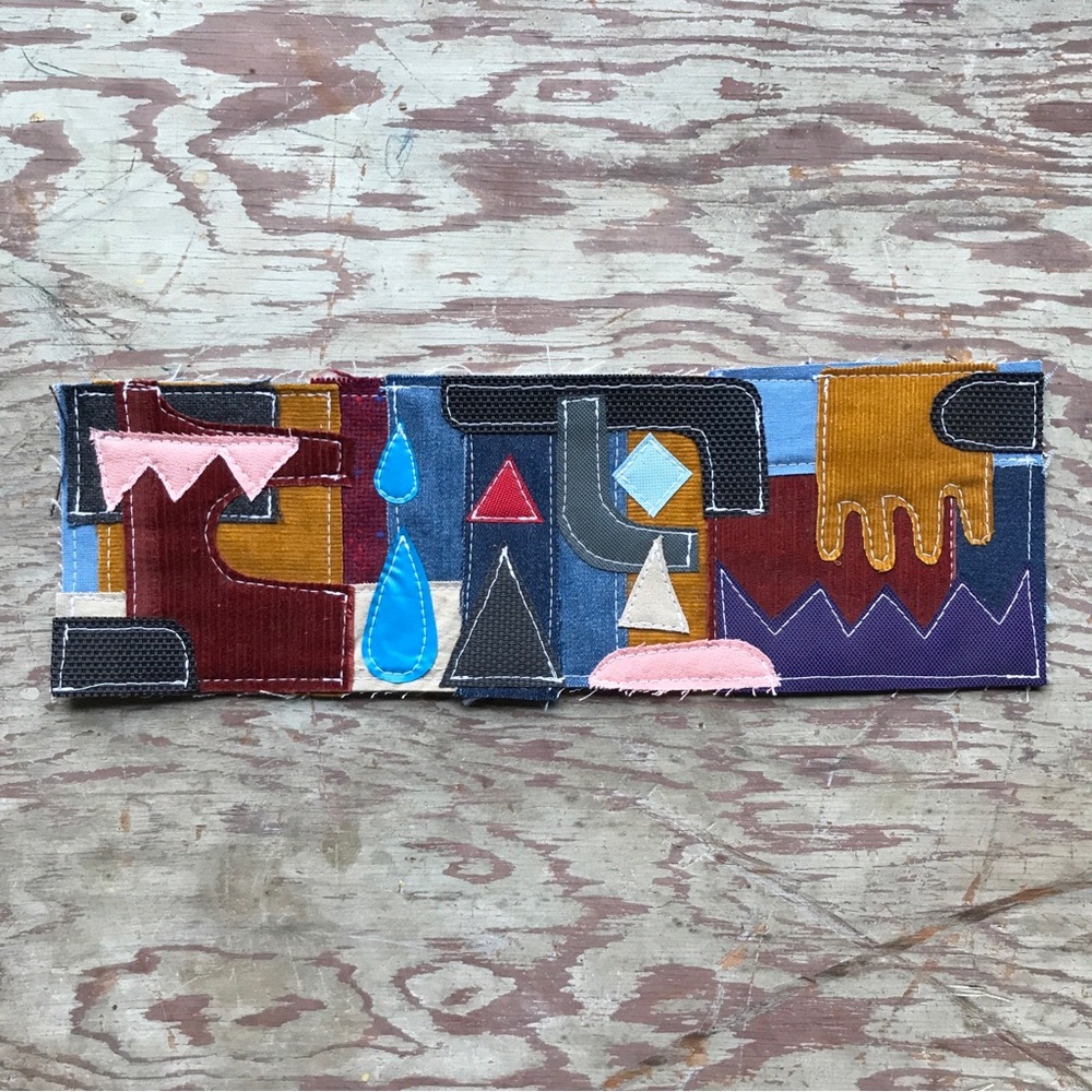 Mixed Fabric Collage Wall Art Abstract Geometric OOAK 14" x 4.5"
